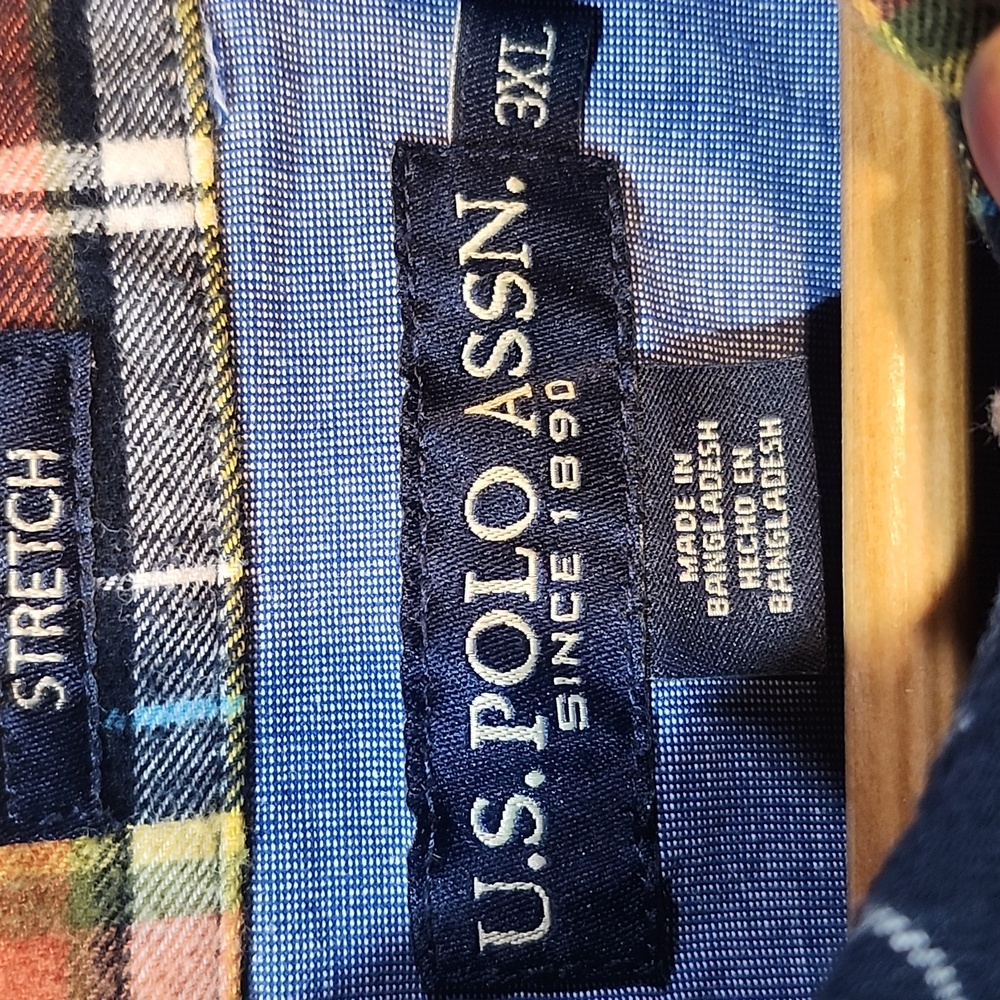 U.S. Polo Assn. Men's Plaid Thin Flannel Shirt -Navy and Orange Stretch Size 3XL - Picture 3 of 10